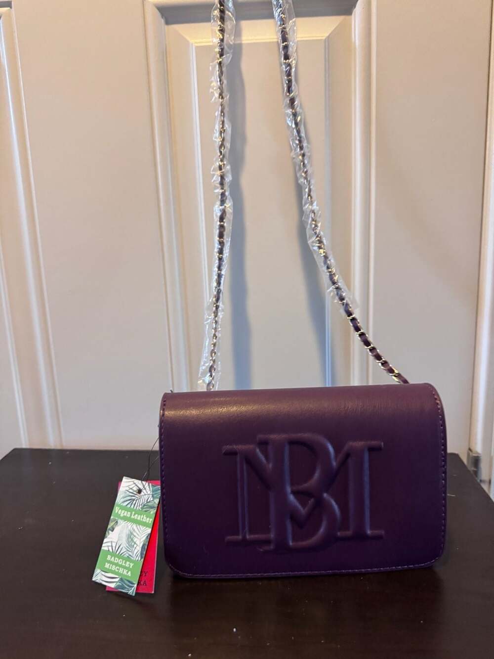 Badgley Mischka Vegan Leather Crossbody Bag Purple Chain Strap New